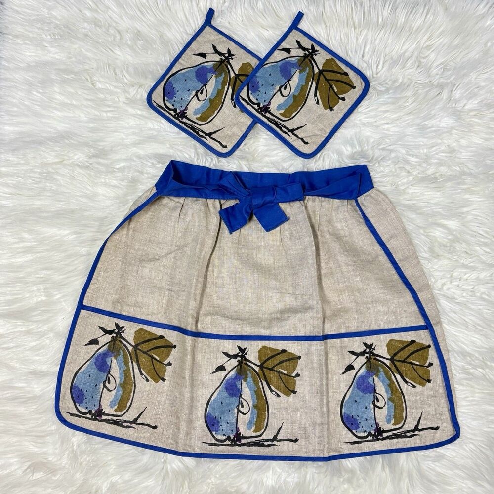 Vintage Vera Neumann Linen Blue Pear Pocketed Apron w/ Matching Pot Holders